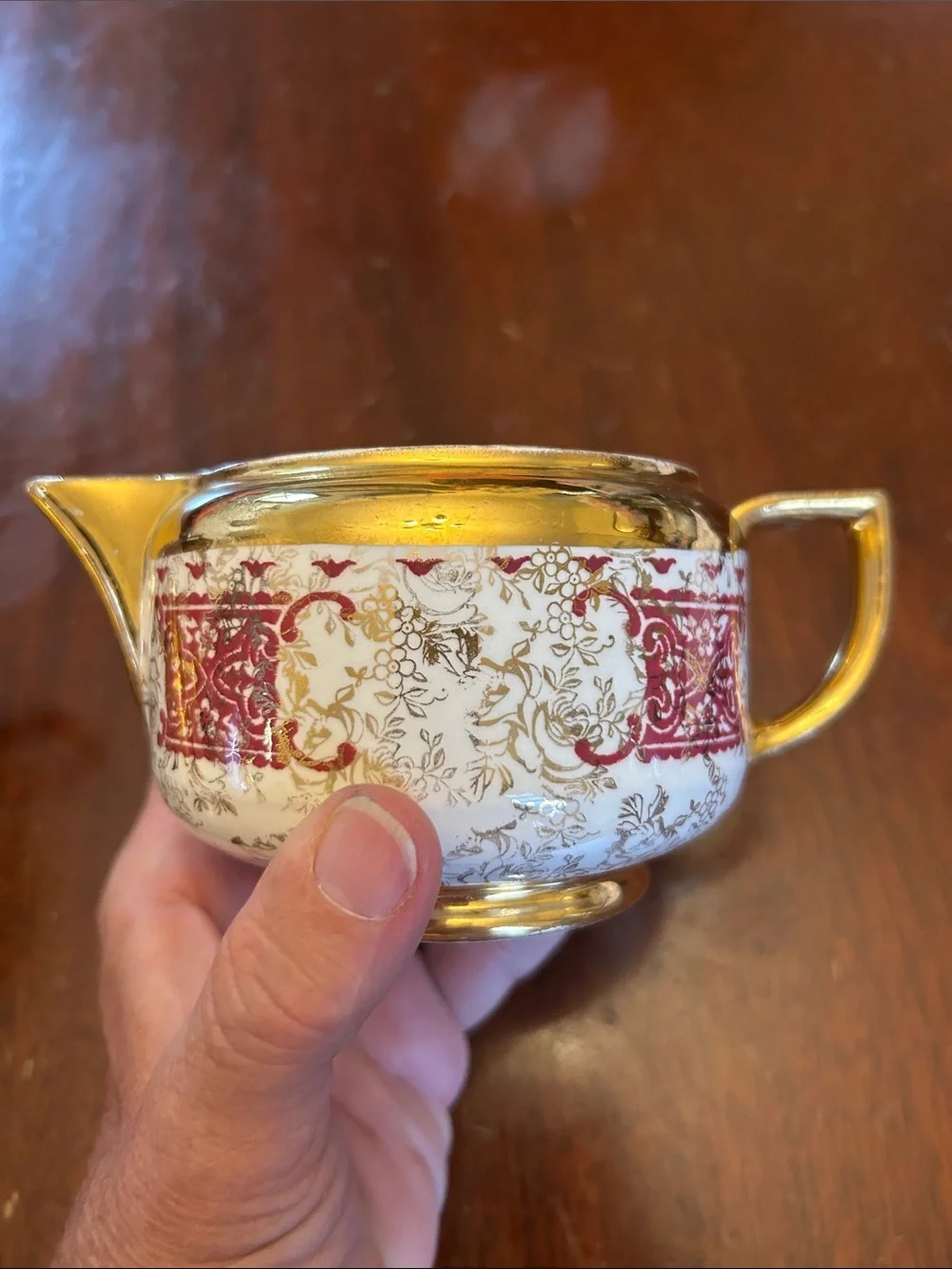 Piccadilly Vintage Gold-Trim Red and White Porcelain Sugar & Creamer Set